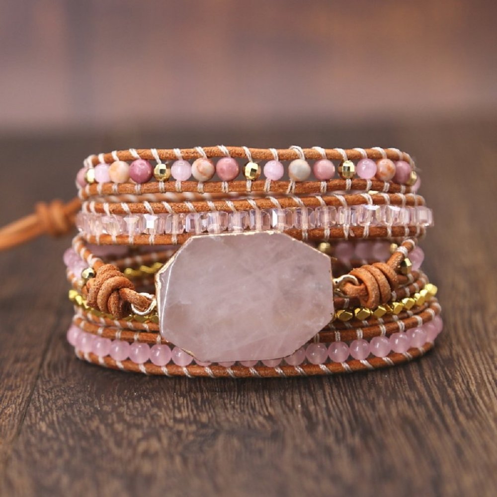 Natural Rose Quartz Crystal Charm Leather Braided Bracelet for Love
